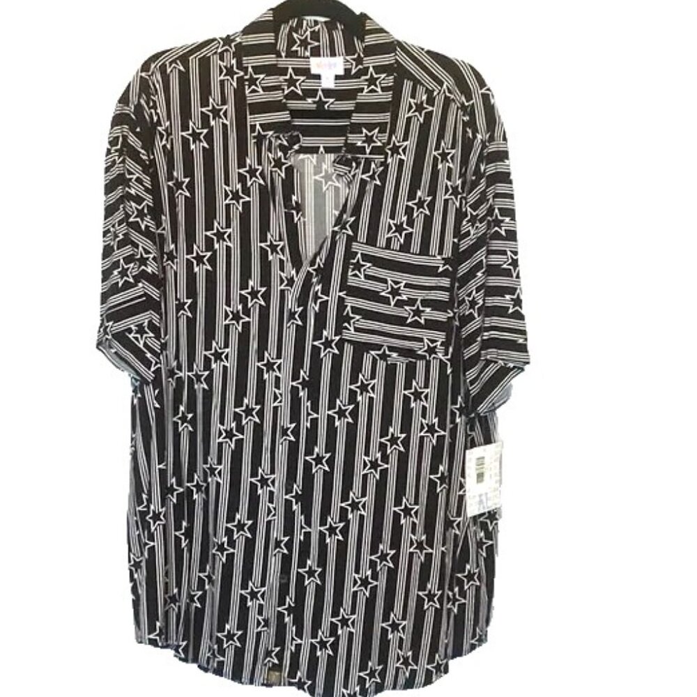 Mens Patriotic Button Up Shirt 2XL July 4th Black White Stars Stripes LuLaRoe
